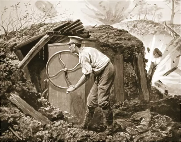 Private Torrance pumping air into a mine under heavy fire (litho)