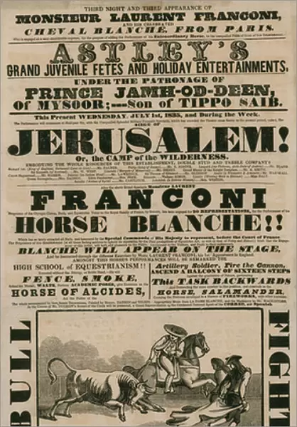 Advert for Astleys Grand Juvenile Fetes and Holiday Entertainments (engraving)
