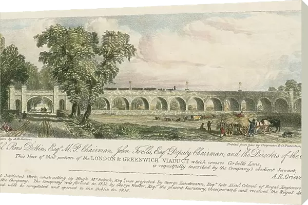 View of a portion of the London and Greenwich Viaduct, where it crosses Corbetts Lane, London (coloured engraving)