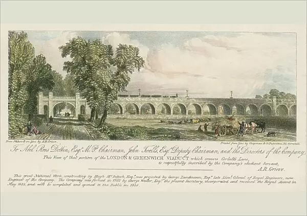 View of a portion of the London and Greenwich Viaduct, where it crosses Corbetts Lane, London (coloured engraving)