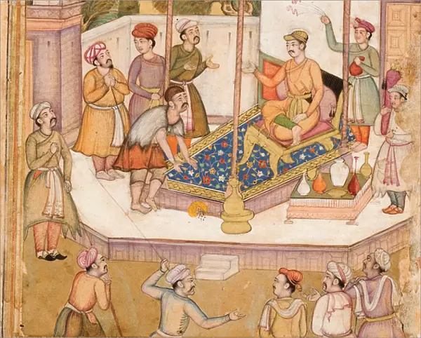 The raja whose guest asked him for 500 dinars daily, c. 1585 (opaque w  /  c & gold on paper)