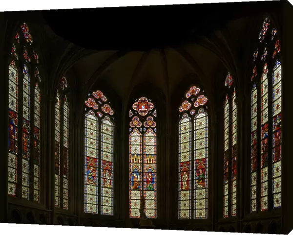 Window depicting a view of east chapel: the central three windows are modern but