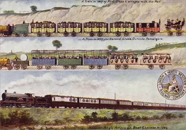 A train of 1837 compared with the special Anglo-American Boat Express in 1904 (colour litho)