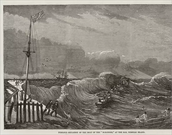 Perilous Situation of the Boat of the 'Maeander, 'at the Bar, Norfolk Island (engraving)