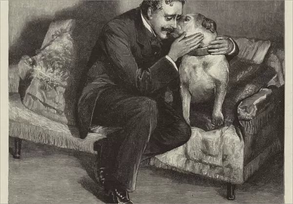Scene from 'The Dancing Girl'at the Haymarket Theatre, the Duke of Guisebury (Mr Beerbohm Tree) and his Dog, Bully-Boy (engraving)