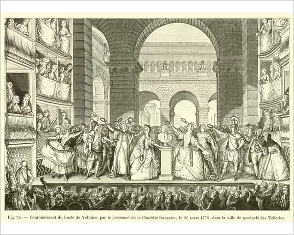 Couronnement du buste de Voltaire, par le personnel de la Comedie francaise, le 30 mars 1778, dans la salle de spectacle des Tuileries (engraving)