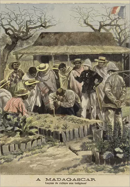 Teaching natives agricultural techniques, Madagascar, 1897 (colour litho)