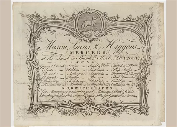 Mercer, Mason Lucas and Higgons, trade card (engraving)