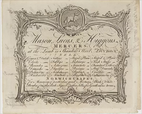 Mercer, Mason Lucas and Higgons, trade card (engraving)