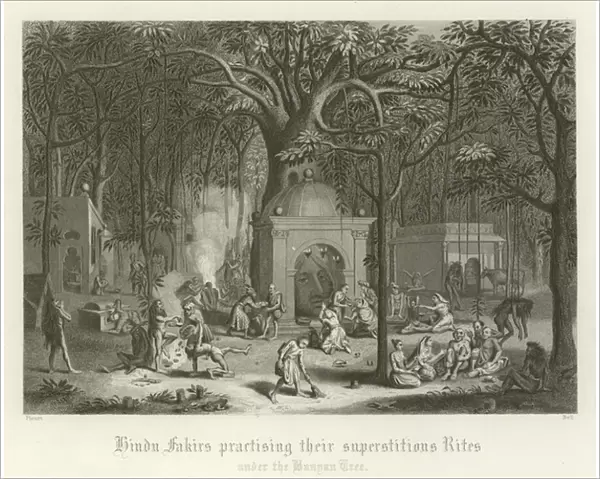 Hindu fakirs practising their superstitious rites (engraving)