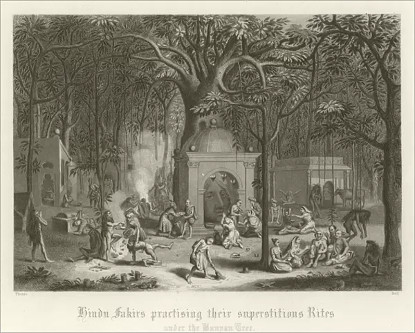 Hindu fakirs practising their superstitious rites (engraving)