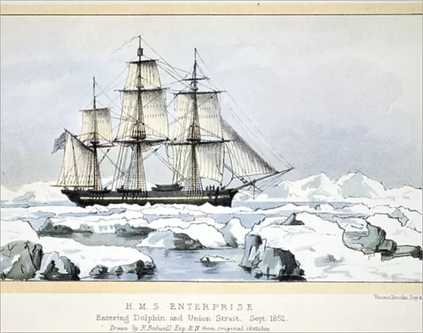 HMS Enterprise entering Dolphin and Union Strait, September 1852 (colour litho)