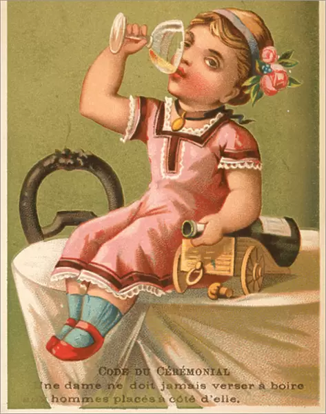 Girl drinking champagne (chromolitho)