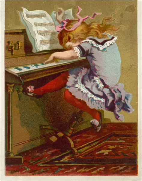 Girl playing a piano (chromolitho)