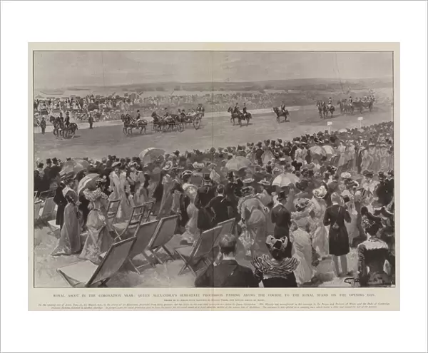 Royal Ascot in the Coronation Year, Queen Alexandras Semi-State Procession passing along the Course to the Royal Stand on the Opening Day (litho)