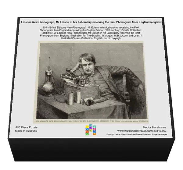 Mr Edisons New Phonograph, Mr Edison in his Laboratory receiving the First Phonogram from England (engraving)