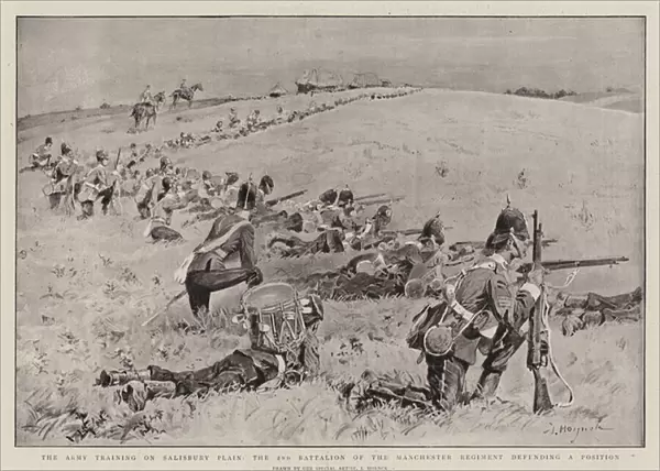 The Army Training on Salisbury Plain, the 2nd Battalion of the Manchester Regiment defending a Position (litho)