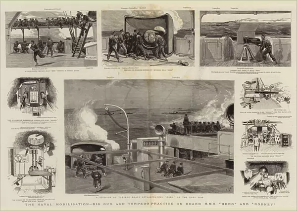 The Naval Mobilisation, Big Gun and Torpedo Practice on Board H Ms 'Hero'and 'Rodney'(engraving)