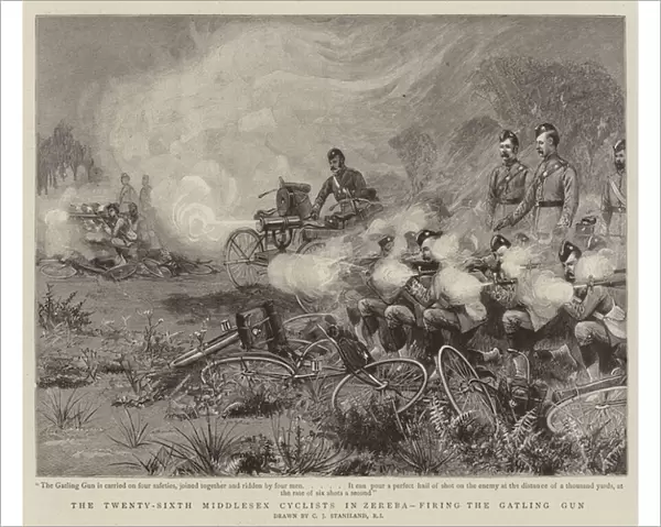 The Twenty-Sixth Middlesex Cyclists in Zereba, firing the Gatling Gun (engraving)