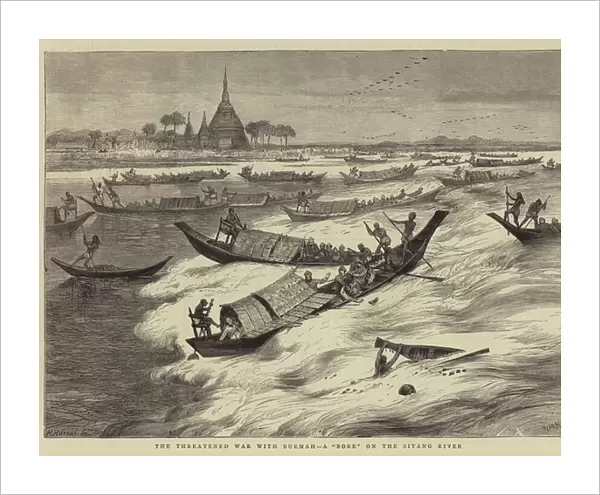 The Threatened War with Burmah, a 'Bore'on the Sitang River (engraving)