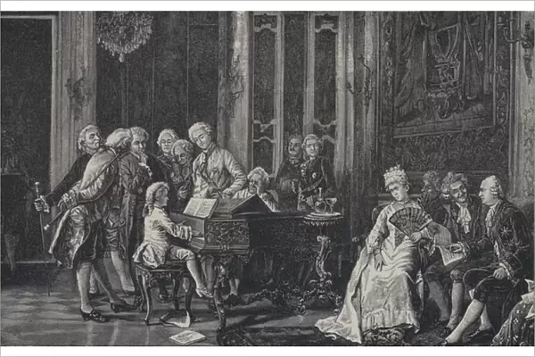 The seven year-old Wolfgang Amadeus Mozart playing before King George III in London, 1764 (engraving)