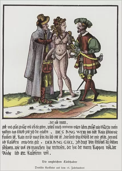 The Unequal Lovers, German cartoon, 16th Century (colour litho)