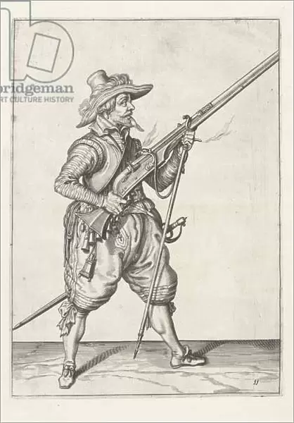 Musketeer placing his furket underneath, c. 1600 (engraving)
