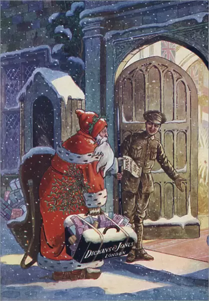 Christmas advertisement showing Santa Claus bringing gifts for WW1 soldiers from Dickins and Jones department store (colour litho)