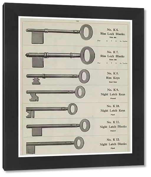 Page from metalwork catalogue: Keys and key blanks (litho)