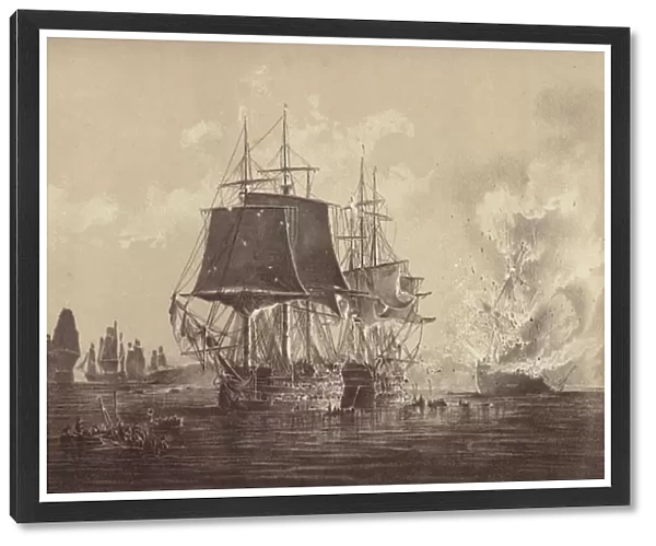 Russian ship Vsevolod destroyed in the presence of the Russian fleet after the action with HMS Implacable, attached to the Swedish Navy and commanded by Captain Thomas Byam Martin, in the Baltic, 26 August 1808 (litho)