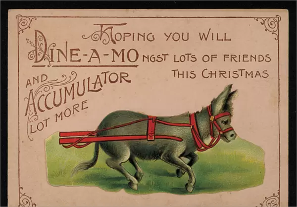 Donkey and Christmas message, greetings card. (chromolitho)