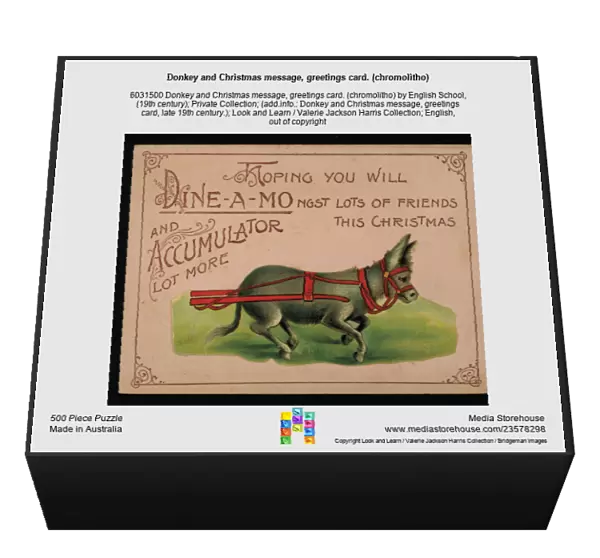 Donkey and Christmas message, greetings card. (chromolitho)