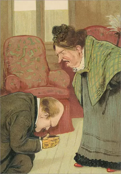 Husband begging his domineering wife to allow him to go out for a walk (colour litho)