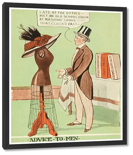 Deceit: man practising lying to his wife about the reasons for getting home late before he gets married (colour litho)