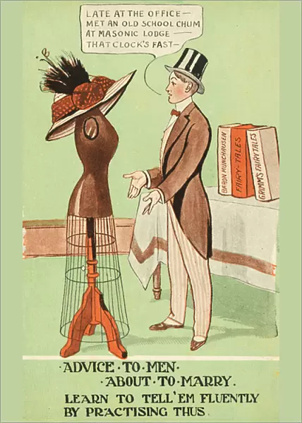 Deceit: man practising lying to his wife about the reasons for getting home late before he gets married (colour litho)