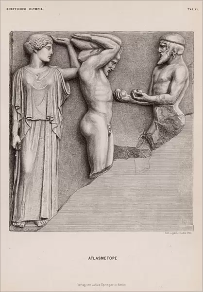 Atlas bringing Heracles the Apples of the Hesperides in the presence of Athena, metope from the Temple of Zeus, Olympia, Greece (engraving)