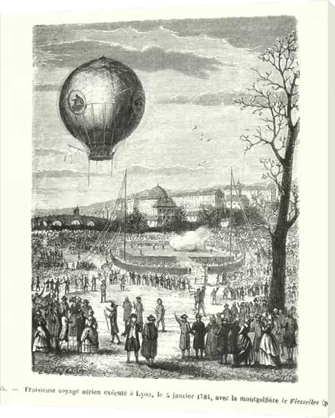 Troisieme voyage aerien execute a Lyon, le 5 janvier 1784, avec la montgolfiere le Flesselles (engraving)