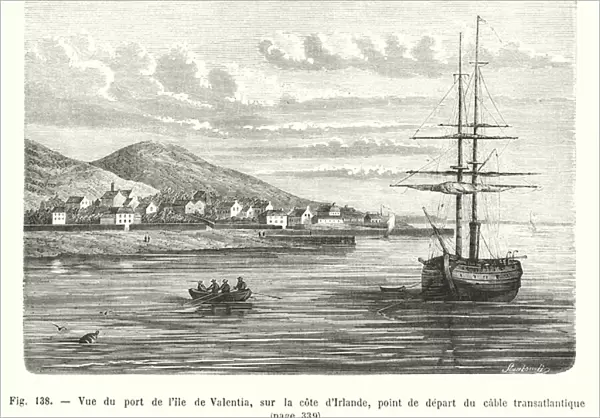 Vue du port de l ile de Valentia, sur la cote d Irlande, point de depart du cable transatlantique (engraving)