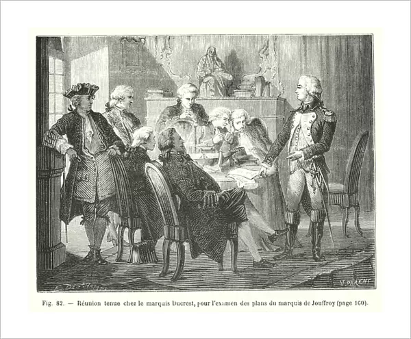Reunion tenue chez le marquis Ducrest, pour l examen des plans du marquis de Jouffroy (engraving)