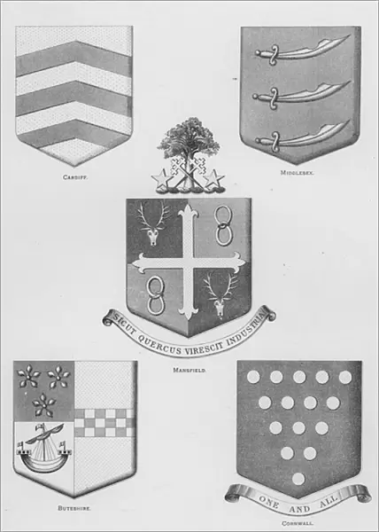 Public arms: Cardiff; Middlesex; Mansfield; Buteshire; Cornwall (engraving)