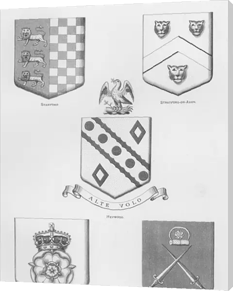 Public arms: Stamford; Stratford-on-Avon; Heywood; Derbyshire; Thaxted (engraving)