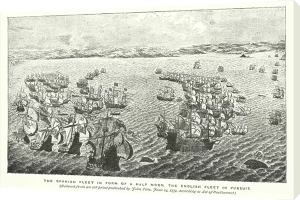 The Spanish fleet in form of a half moon, the English fleet in pursuit (engraving)
