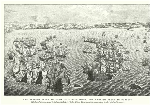 The Spanish fleet in form of a half moon, the English fleet in pursuit (engraving)