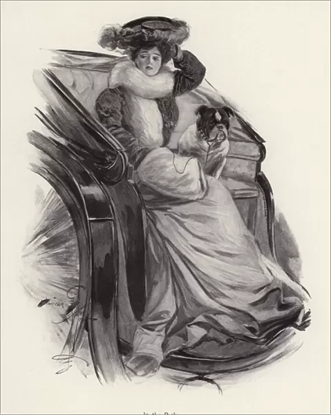 Woman sitting in a carriage with her dog (litho)