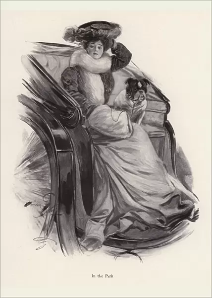 Woman sitting in a carriage with her dog (litho)