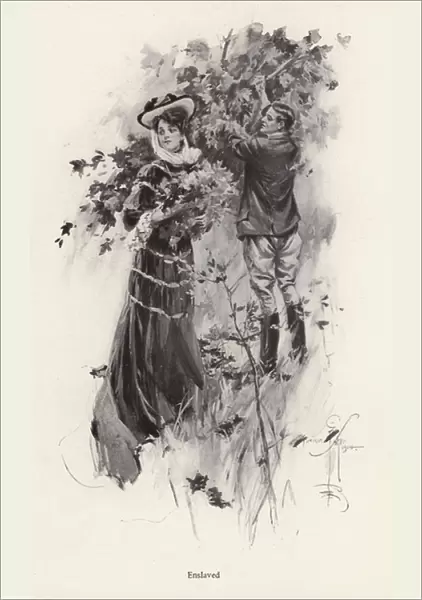 Woman picking flowers with a male admirer (litho)