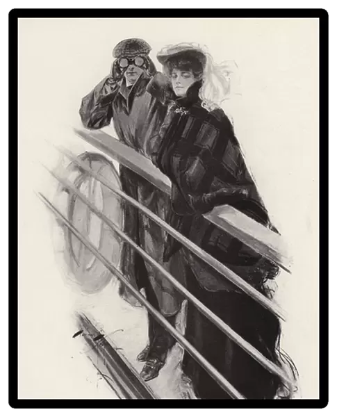 Man and woman looking out over the railings of a ship (litho)