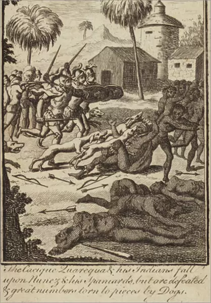 Spanish conquistador Vasco Nunez de Balboas soldiers and dogs defeating indians who had attacked them (engraving)