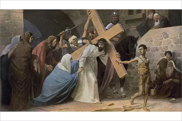 Jesus meets his mother, Mary, while carrying his Cross (colour litho)