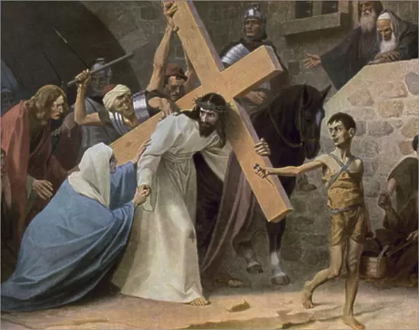 Jesus meets his mother, Mary, while carrying his Cross (colour litho)